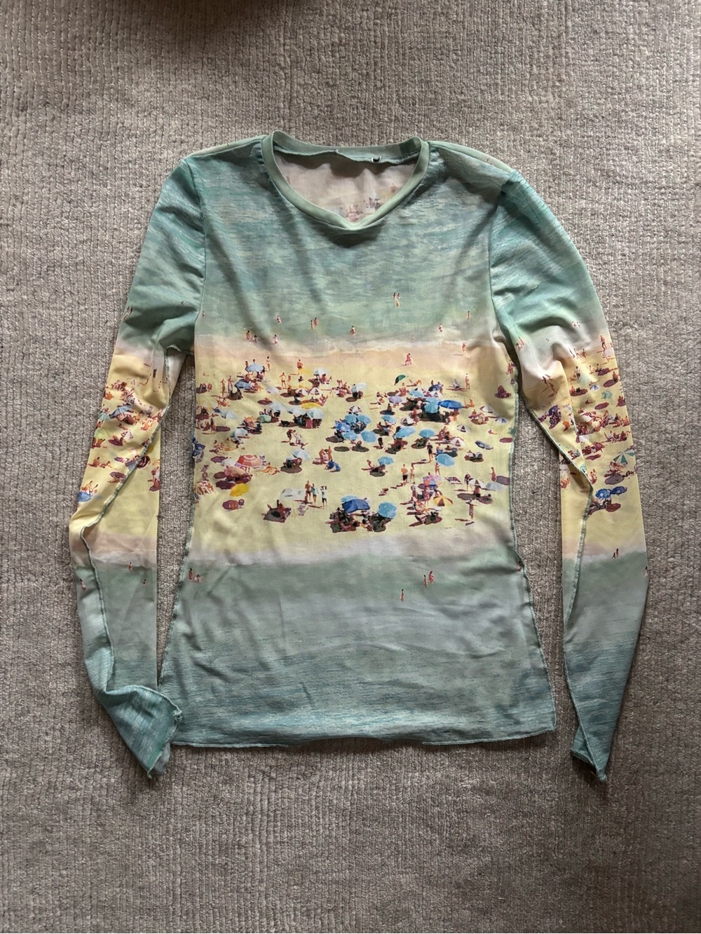 Zara Women's Long Sleeve Beach Scene Sheer Print Top Nylon